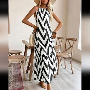 Summer Long Wave Stripe Halter Neck Dress With Ruffled Hem